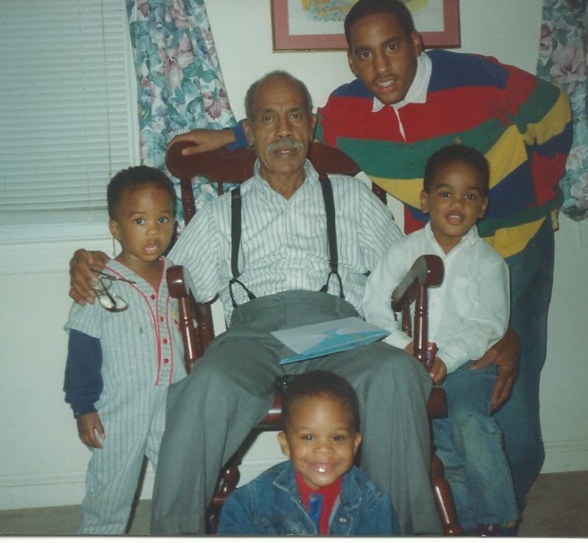 Paul Gibbs and his grandboys: Roselle Artis, Jarrett Wood, Erik Wood, and Joshua Gibbs